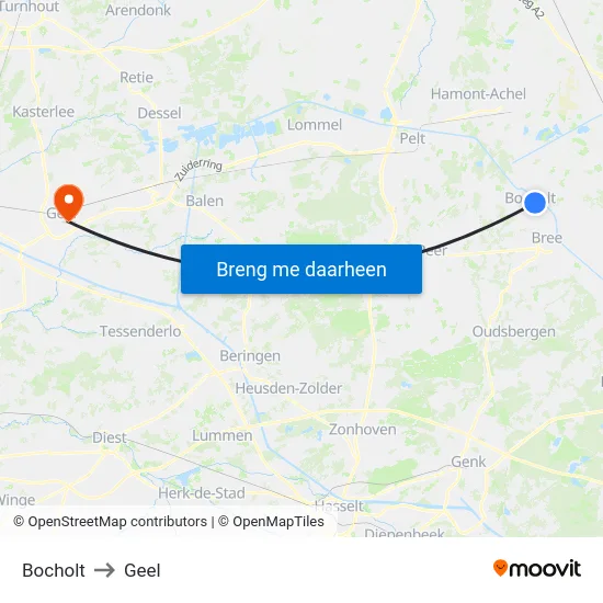 Bocholt to Geel map