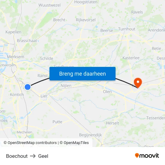 Boechout to Geel map