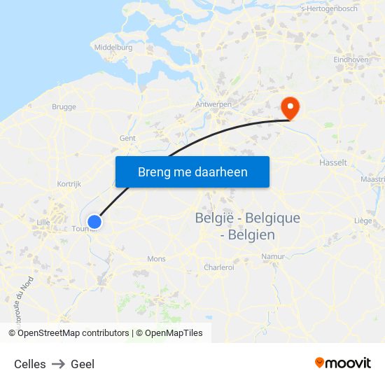 Celles to Geel map