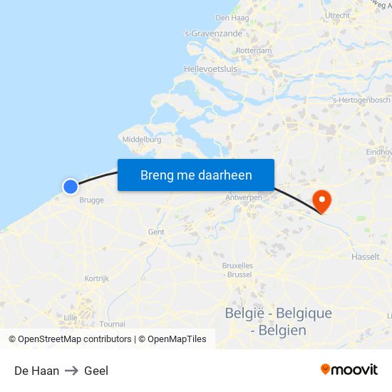 De Haan to Geel map