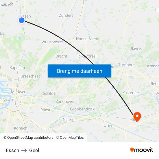 Essen to Geel map