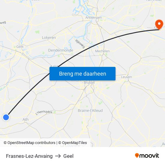 Frasnes-Lez-Anvaing to Geel map