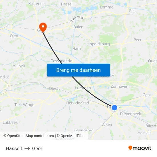 Hasselt to Geel map