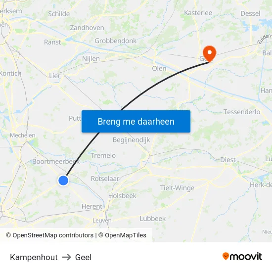 Kampenhout to Geel map