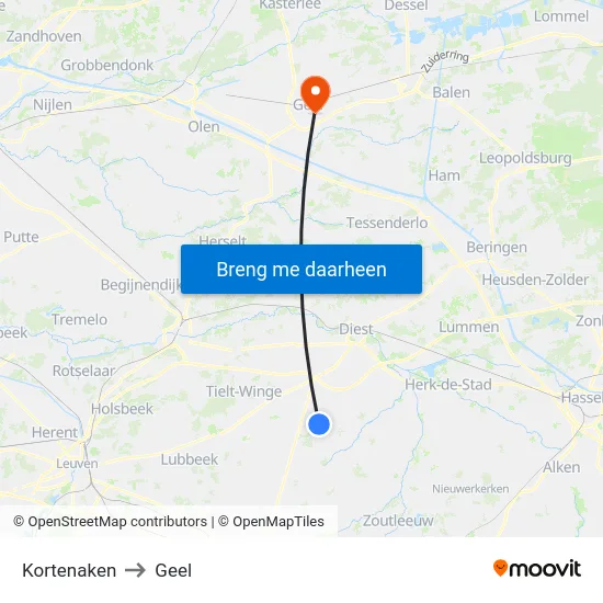 Kortenaken to Geel map