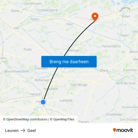 Leuven to Geel map