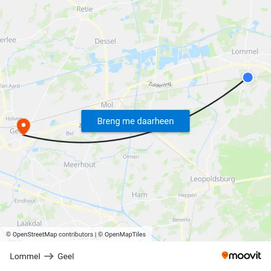 Lommel to Geel map