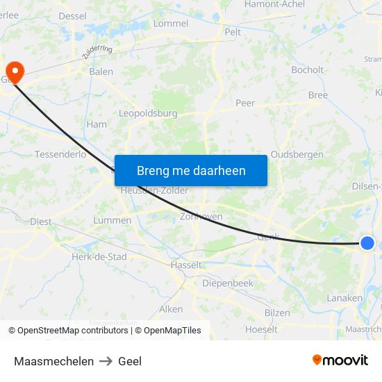 Maasmechelen to Geel map