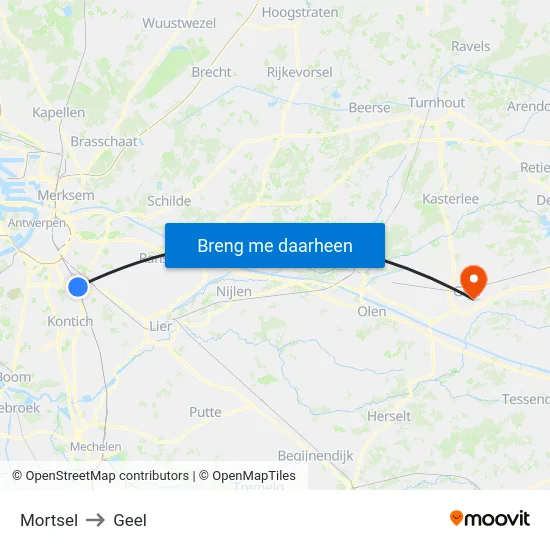 Mortsel to Geel map