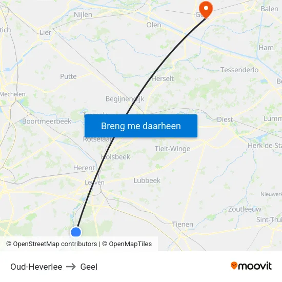 Oud-Heverlee to Geel map