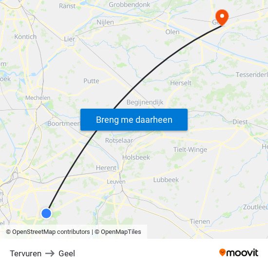 Tervuren to Geel map