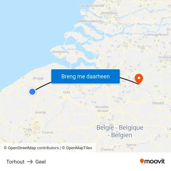 Torhout to Geel map