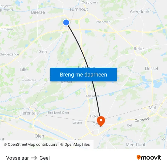 Vosselaar to Geel map