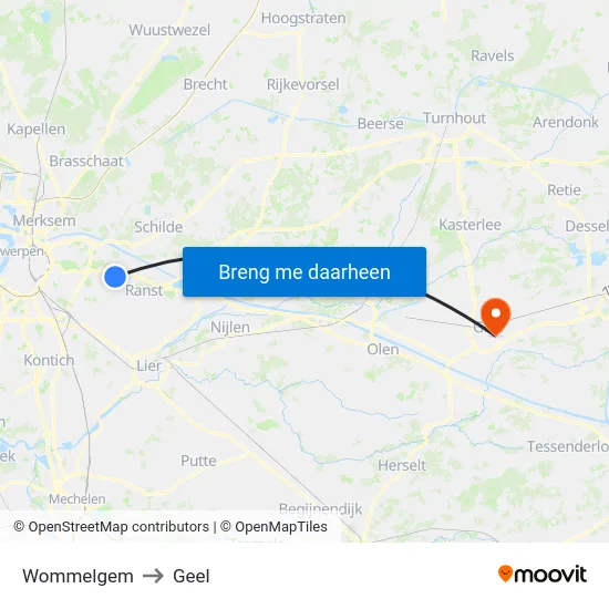 Wommelgem to Geel map