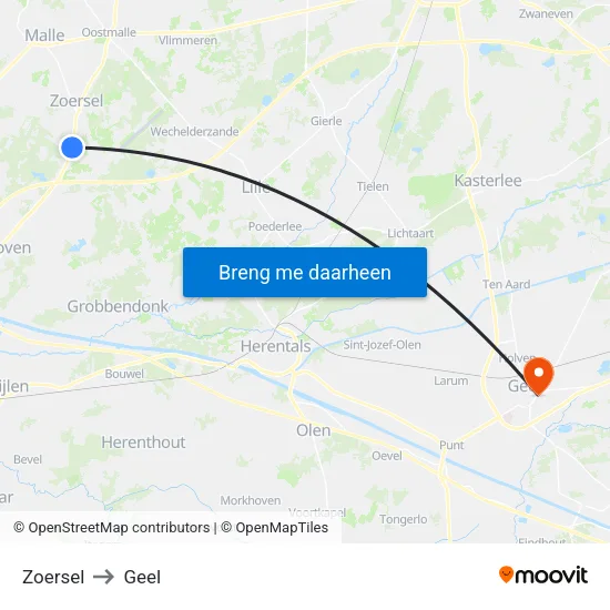 Zoersel to Geel map