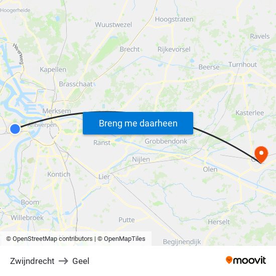 Zwijndrecht to Geel map