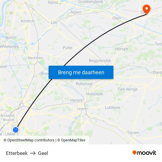 Etterbeek to Geel map