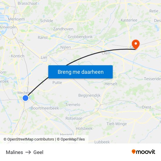 Malines to Geel map