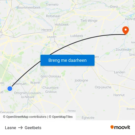 Lasne to Geetbets map
