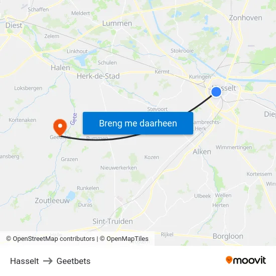 Hasselt to Geetbets map