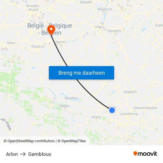 Arlon to Gembloux map