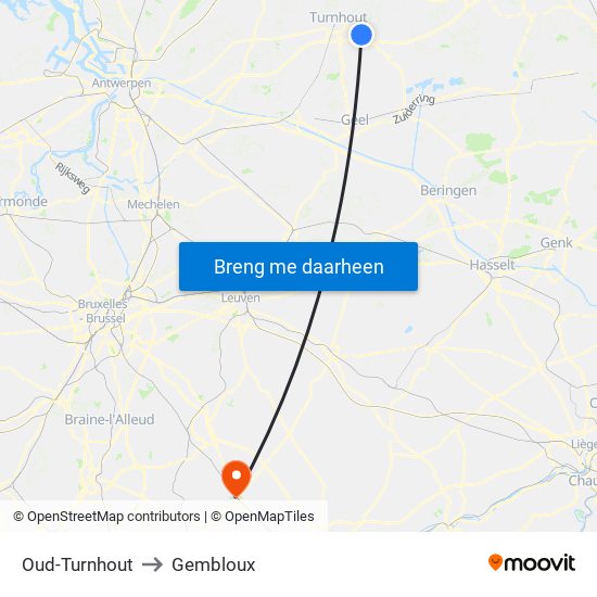 Oud-Turnhout to Gembloux map