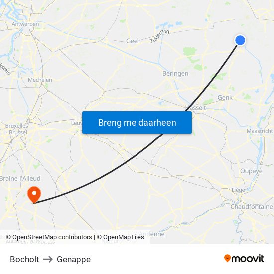 Bocholt to Genappe map