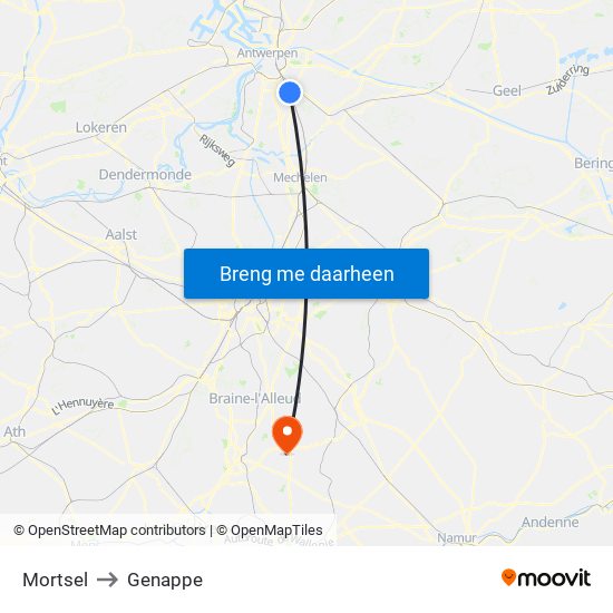 Mortsel to Genappe map