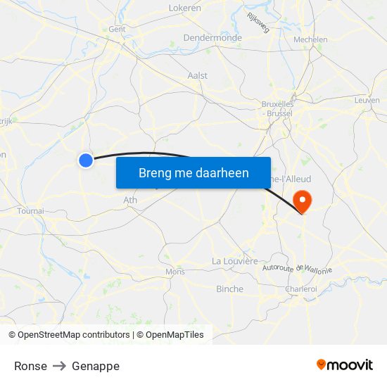 Ronse to Genappe map