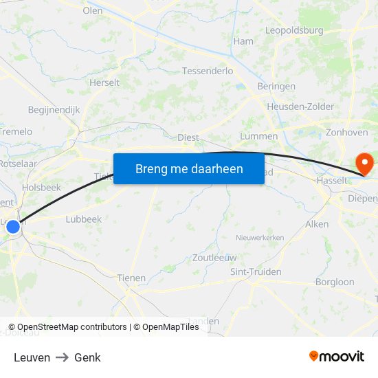 Leuven to Genk map