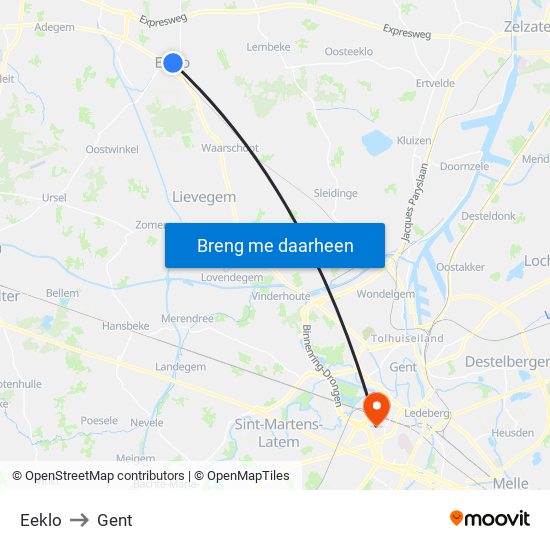 Eeklo to Gent map