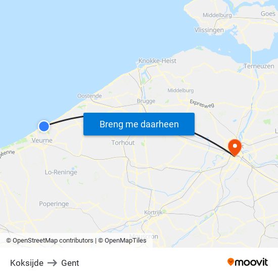 Koksijde to Gent map