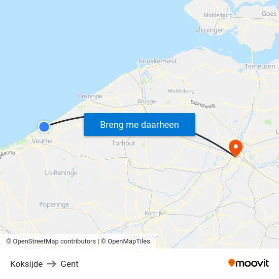 Koksijde to Gent map