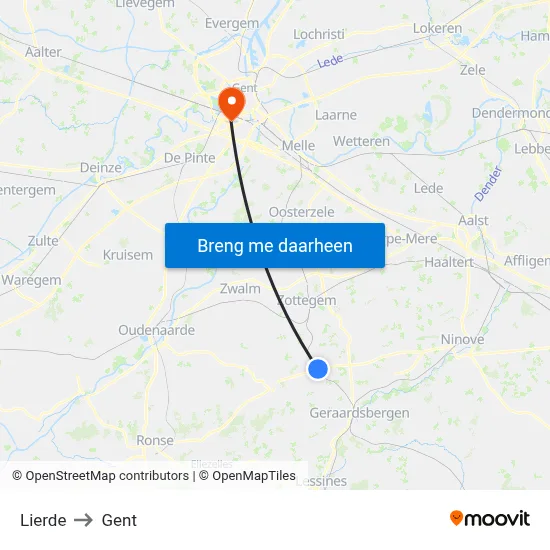 Lierde to Gent map