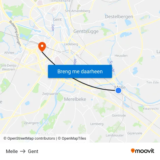 Melle to Gent map