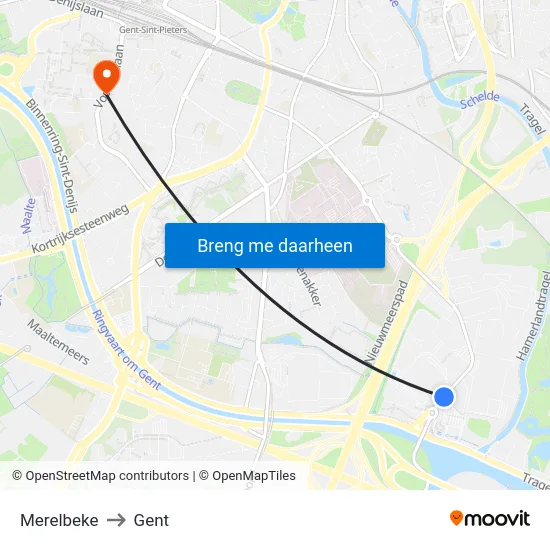 Merelbeke to Gent map