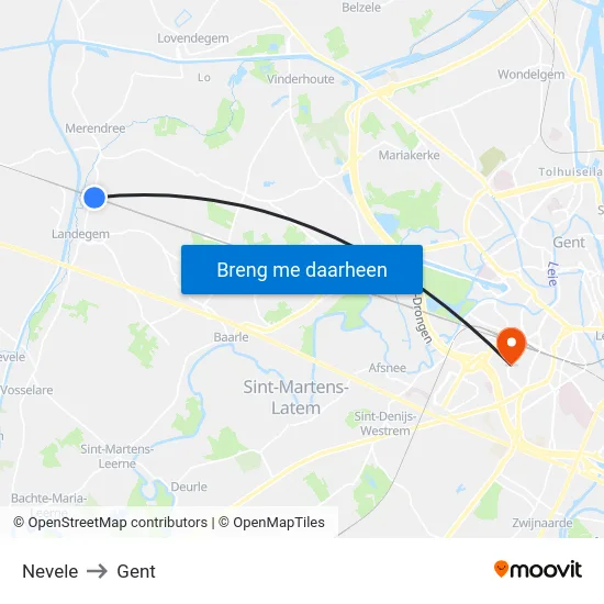 Nevele to Gent map