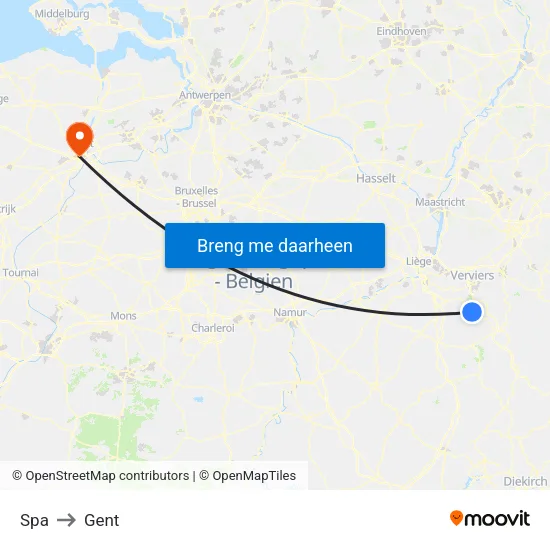 Spa to Gent map