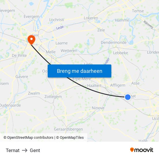 Ternat to Gent map