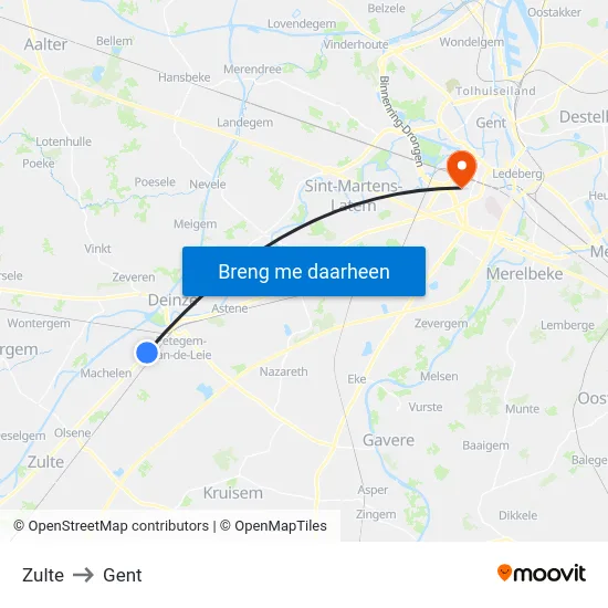Zulte to Gent map