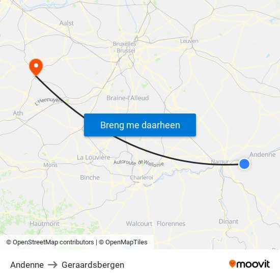 Andenne to Geraardsbergen map