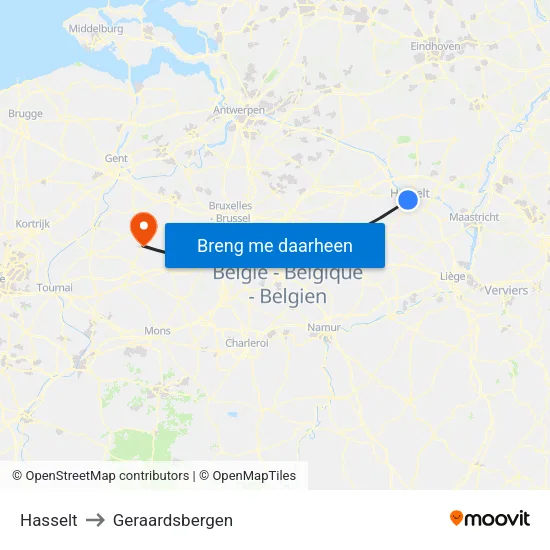 Hasselt to Geraardsbergen map