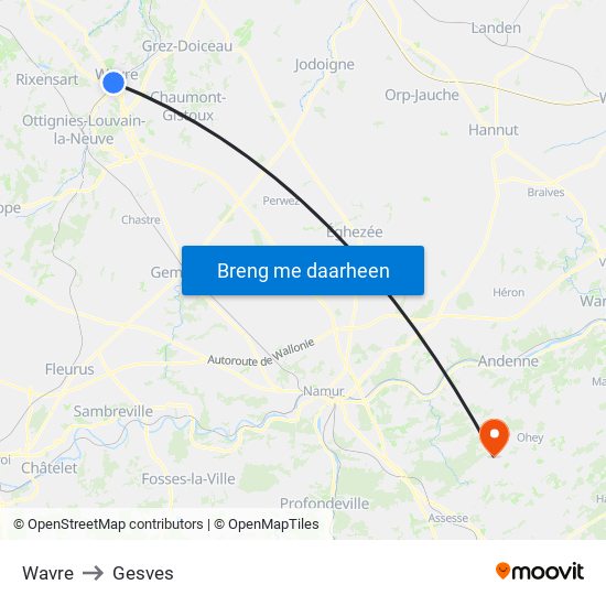 Wavre to Gesves map