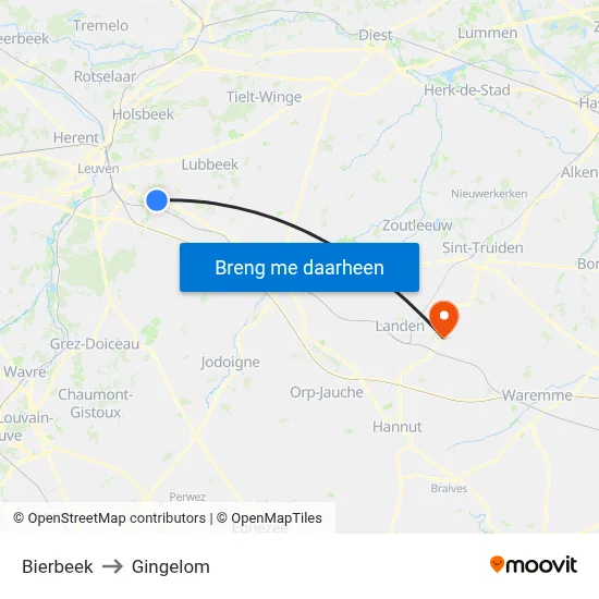 Bierbeek to Gingelom map