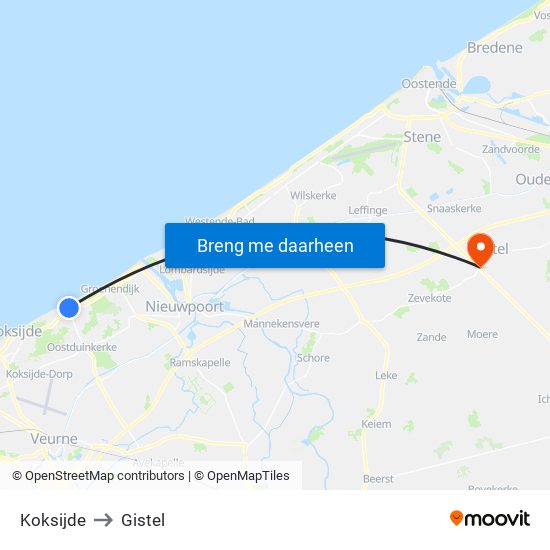 Koksijde to Gistel map