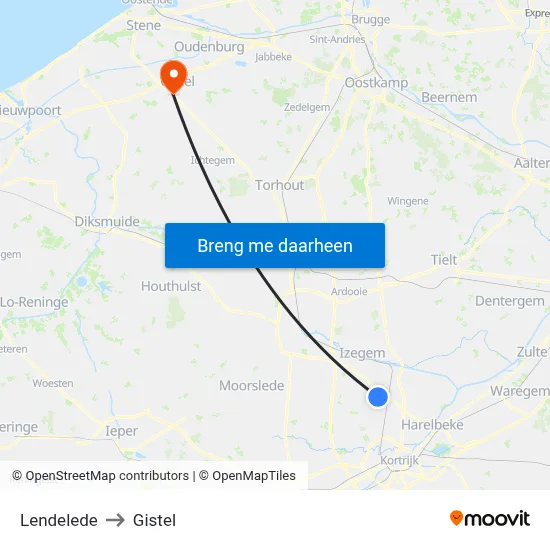 Lendelede to Gistel map