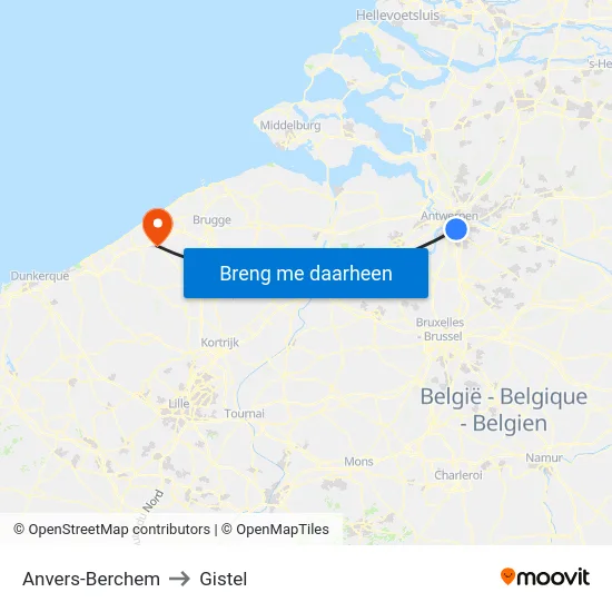Anvers-Berchem to Gistel map