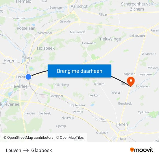 Leuven to Glabbeek map