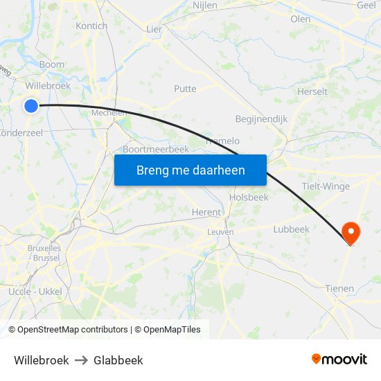 Willebroek to Glabbeek map