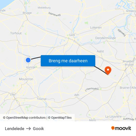 Lendelede to Gooik map